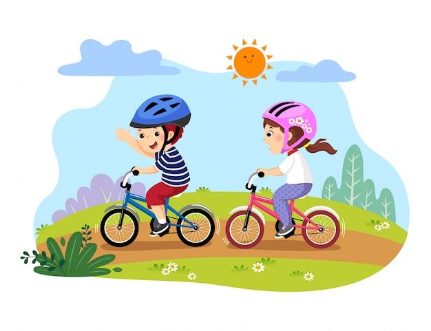 two girls riding bikes in the park on a sunny day with sun and clouds behind them