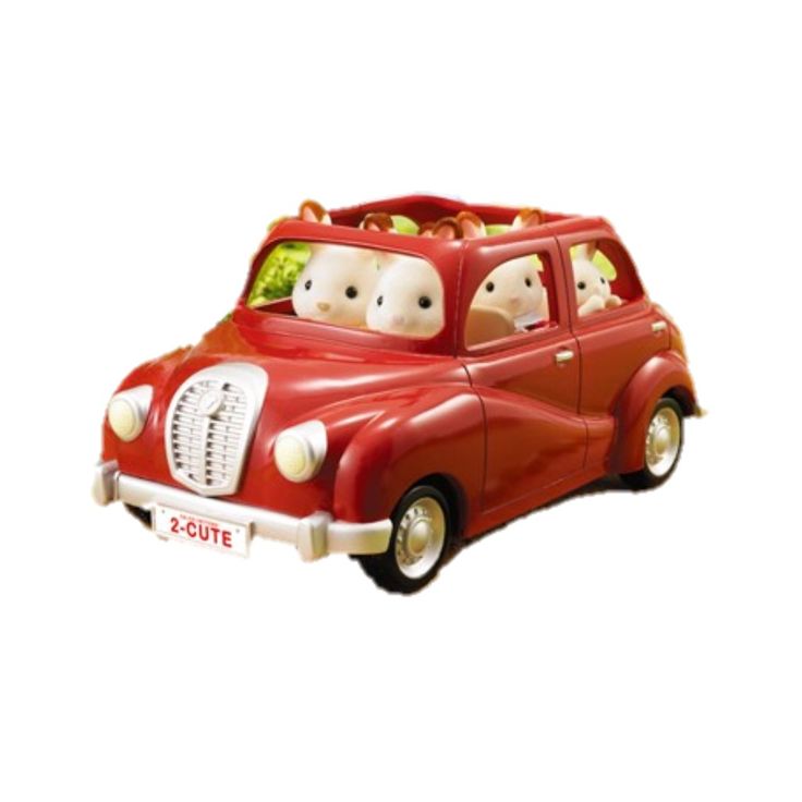 a red toy car with three cats in the front and one on the back driving