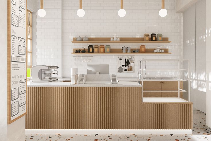 a kitchen with white walls and wooden shelves