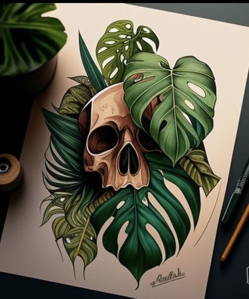 a drawing of a skull with green leaves on it's head and palm leaves in the background