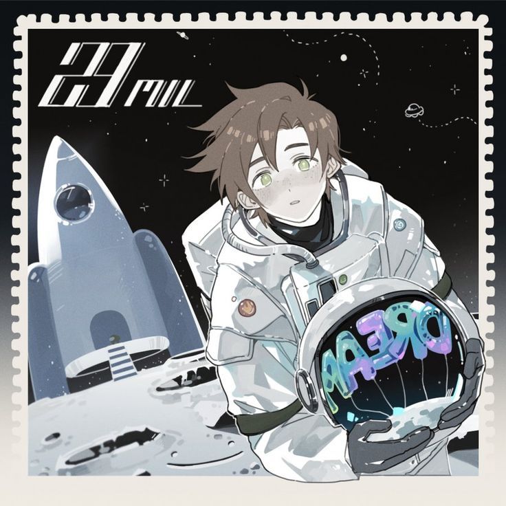 a stamp with an image of a man in space holding a helmet next to a rocket ship