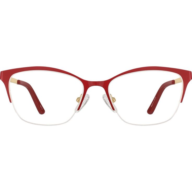 Amp up your eyewear wardrobe with these colorful half-rim rectangles. The medium-narrow metal eyeglasses comes in two color options: bright red brow with blush/red/pale pink temple arms and red acetate temple tips; black brow with gray/black/cream temple arms and black acetate temple tips. Adjustable nose pads provide a comfortable fit. | Zenni Women's Cat-Eye Prescription Eyeglasses Red Metal Prescription Glasses For Women Zenni, Red Eye Glasses, Pink Glasses Frames Zenni, Red Frame Glasses, Zenni Optical Glasses Woman Rectangle, Black Brows, Metal Eyeglasses, Eye Prescription, Rectangle Eyeglasses