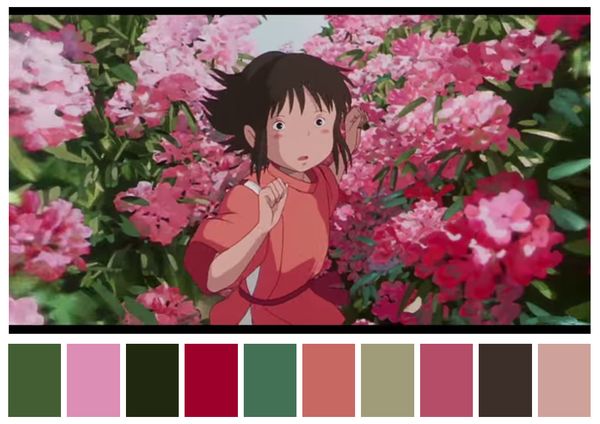 an anime character standing in front of pink flowers