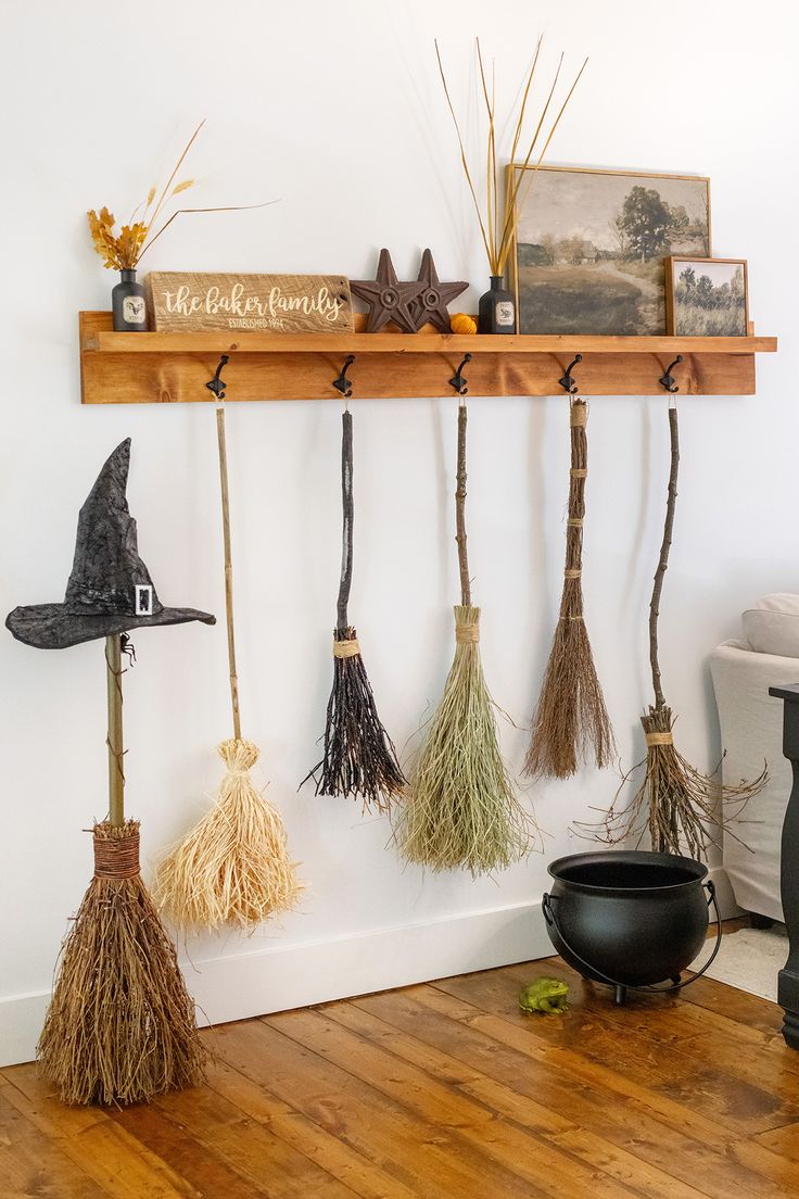 DIY witch brooms Broom Display Ideas, How To Make A Broomstick, Rustic Witch Decor, How To Make Witches Brooms, Homemade Witches Broom, How To Make A Broom, How To Make A Witches Broom, How To Make A Witches Broom Diy, Diy Broomstick Witch Broom