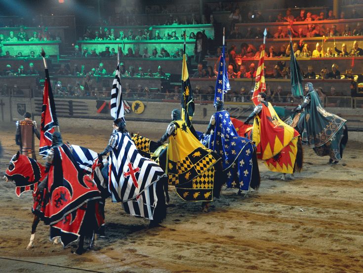 a group of people standing around each other with flags on their heads and horses in costume