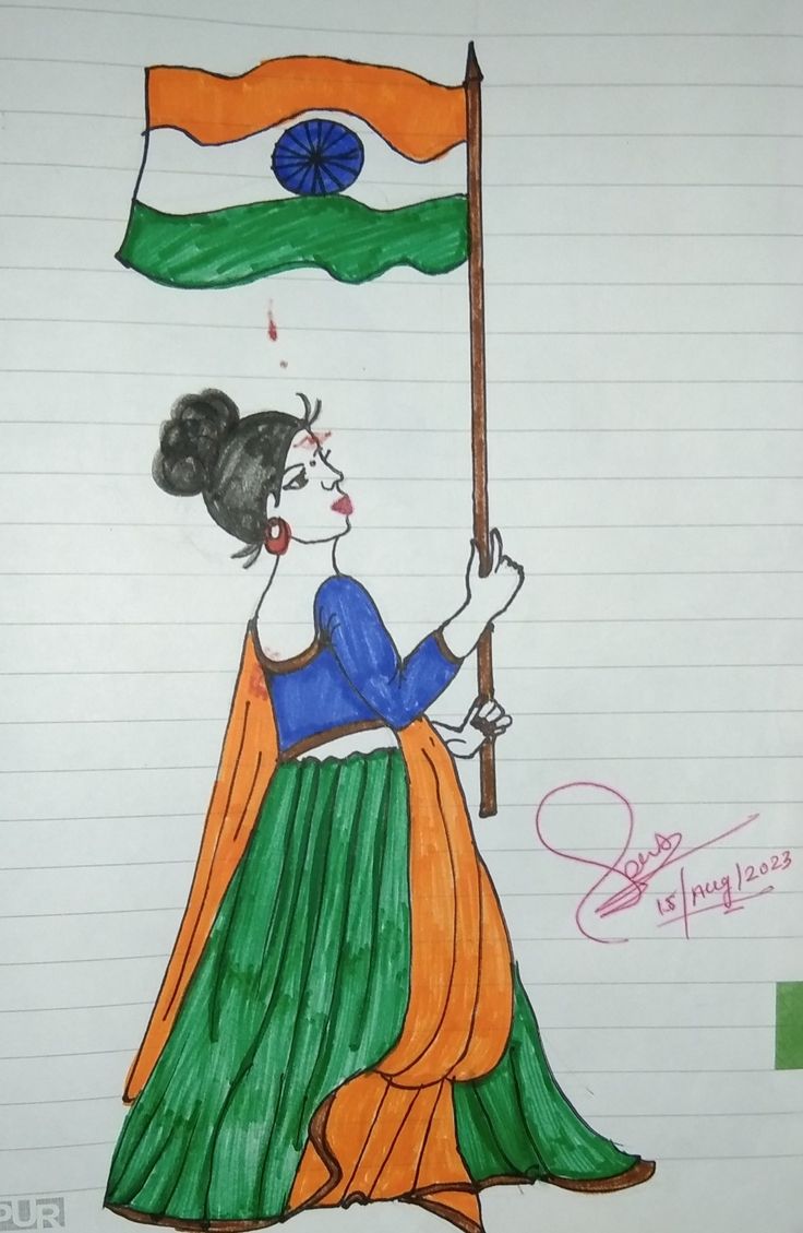 a drawing of a woman holding a flag and wearing a green skirt with an orange sash