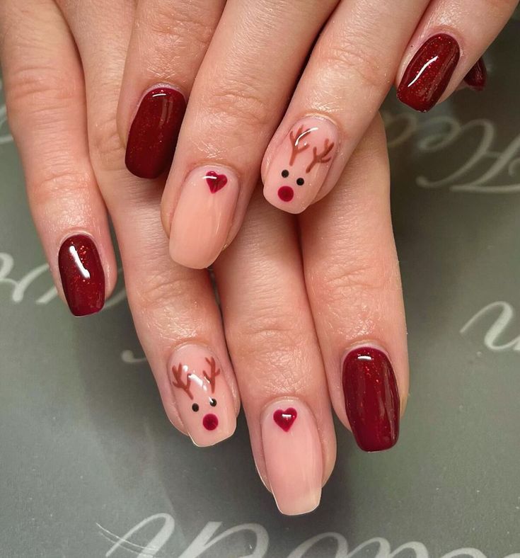 1. Festive Reindeer Accents with Deep Red Polish Reindeer Nails, Diy Reindeer, Red Christmas Nails, Cute Christmas Nails, Christmas Nails Easy, Christmas Gel Nails, Easy Nails, Festival Nails, Xmas Nails