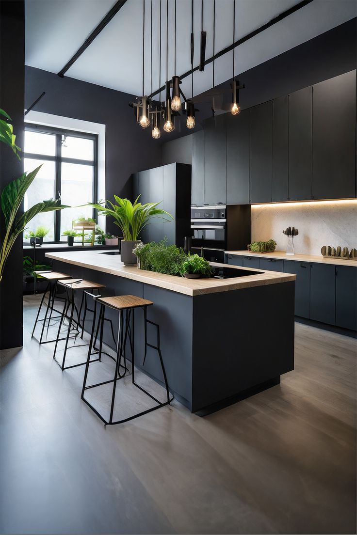 a kitchen with an island and bar stools next to the counter top that has plants on it