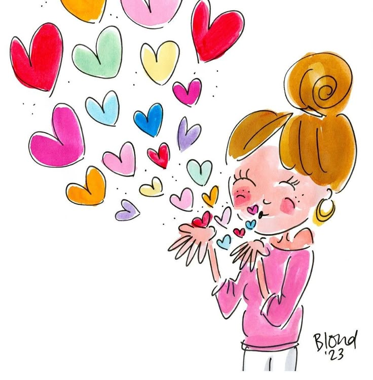 a drawing of a girl blowing hearts out of her hands