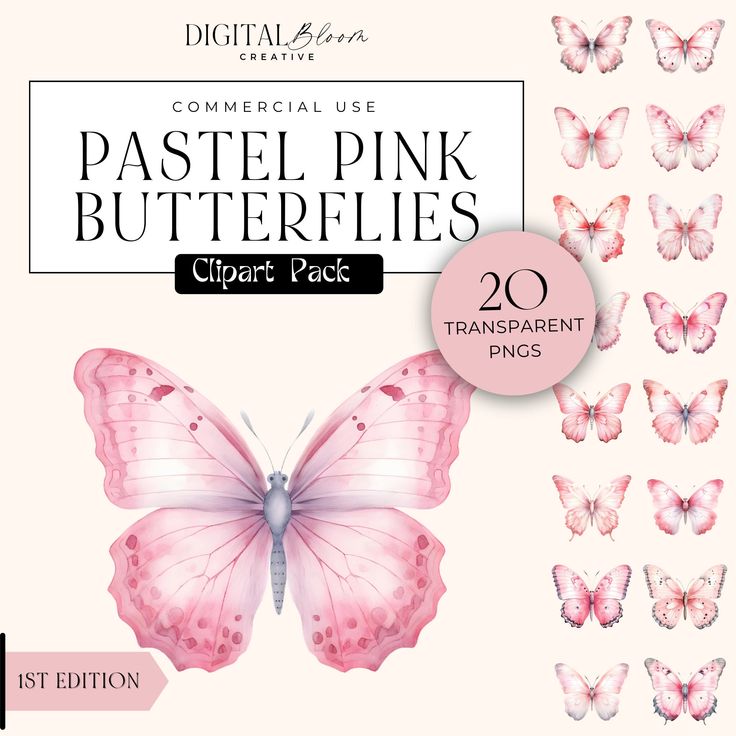 digital pink butterflies clipart pack for commercial use