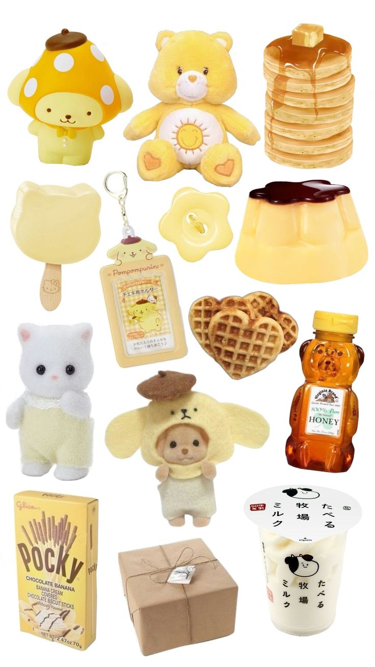 there are many different items on this white background, including teddy bears and waffles