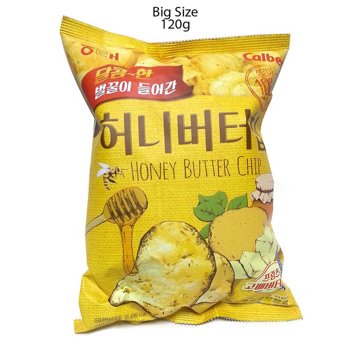 a bag of honey butter chips sitting on top of a white table next to a pile of potato chips