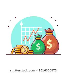 money bags and stacks of coins with an upward graph in the background, flat style