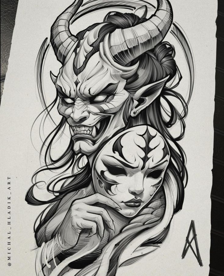 a drawing of a demon with long hair and horns on it's head is shown