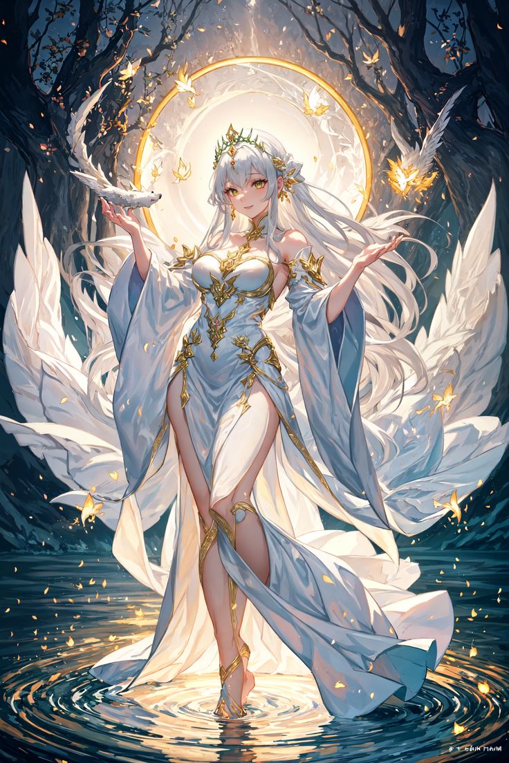 a woman with white hair and wings is standing in the water, surrounded by stars