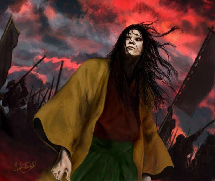 a painting of a woman with long hair holding a knife in front of a red sky