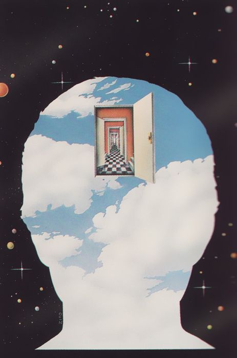 an image of a man's head with the door open and stars in the background