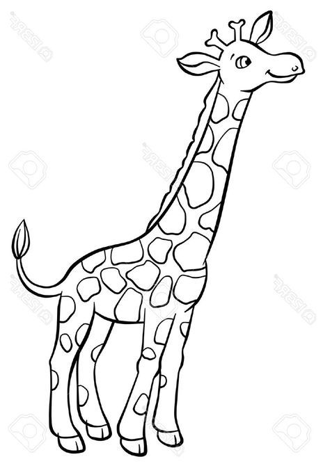 a cartoon giraffe standing with its head turned to the side, in black and white