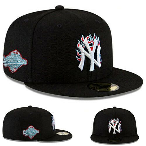 gwbks                                                                                                  This Listing is for a brand new with tags AuthenticNew Era New York Yankees Black Fitted Hat Fire Flames Team Logo Poly Blue U/V Brand New, Original Tag Attached  Material: 100% Polyester  High Profile, MLB Customized Fitted Cap   Poly Blue Colorway Underneath Brim of Hat  MLB 1998 World Series Side Patch  MLB Authenticity Sticker Under the Brim  100% Authentic Merchandise, Factory Direct   Classic MLB New Era 5950 Fitted Hat Feature   Embroidered graphics Team Logo & W/S Patch   6 Panel Construction    Officially licensed Products     Official Team Logo embroidered on the Back      New Era Logo on the Side    Premium Quality, Comfortable Fit Baseball Fitted Hats, Custom Fitted Hats, Swag Hats, Streetwear Hats, Mlb Hats, Hat Aesthetic, Fire Flames, New Era Logo, New Era Hats