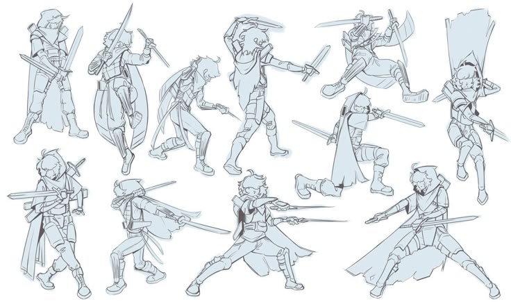 some sketches of people in different poses with swords