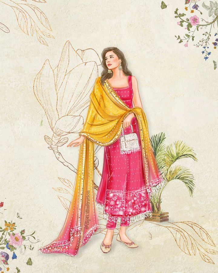 Dipti Patel Illustration (@dipti.illustration) • Instagram photos and videos Women Dress Illustration, Woman In Dress Illustration, Desi Fashion Illustration, Garment Illustration Fashion Sketches, Background For Illustration Fashion, Fashion Art Painting Dresses, Inspiration For Fashion Design Ideas, Kurti Illustration Sketch, Summer Dress Illustration