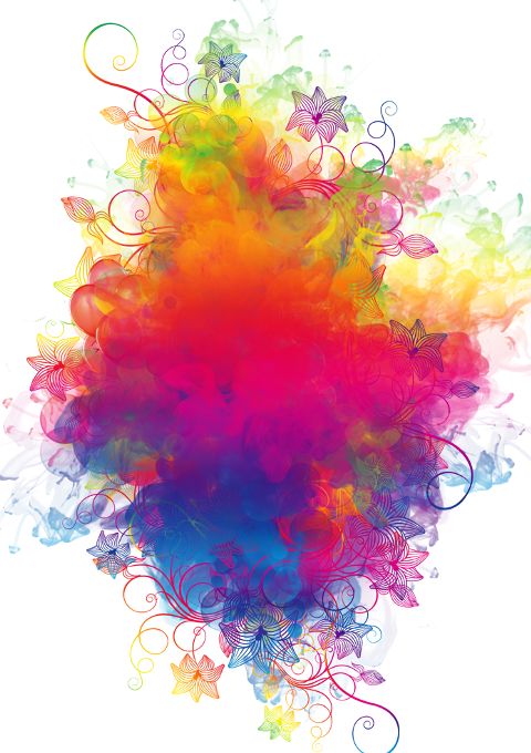 an abstract colorful background with swirls and flowers on it's side, including the colors