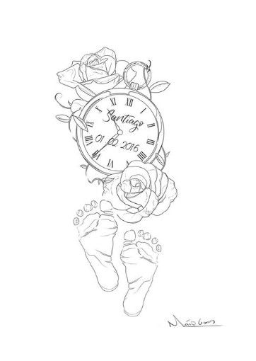 Footprints time of birth clock name flowers tattoo.  Floral. Mama. Mutterschaft Tattoos, Shen Long Tattoo, Baby Tattoo Designs, Baby Name Tattoos, Mom Tattoo Designs, Mommy Tattoos, Tattoo Outline Drawing, Inspiration Tattoos, Mother Tattoos