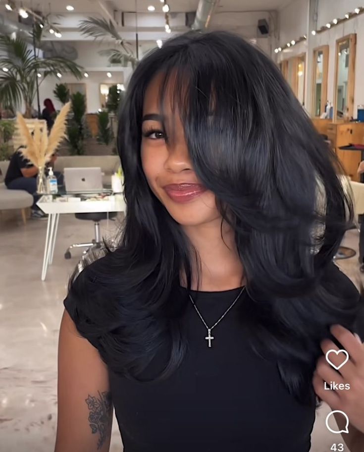 Haircut Styles Shoulder Length, Black Women Layers Hairstyles, Balayage Hair Natural Curls, Black Hair With Cool Undertones, Vintage Haircut Women Long, Black Haircut Women Long, Medium Black Layered Hair, Straightened Wolf Cut, Long Bangs Black Women