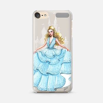 a phone case with a drawing of a woman in a blue dress on the back