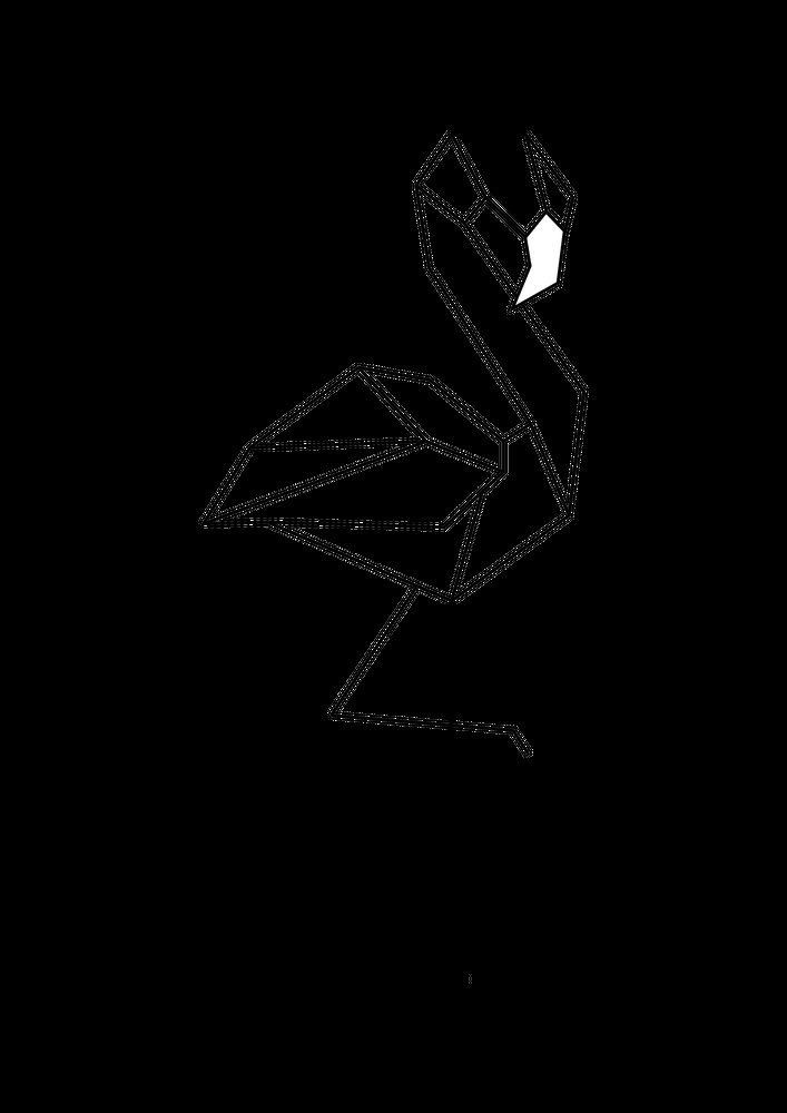 a black and white line drawing of a flamingo standing on one leg with its head turned to the side