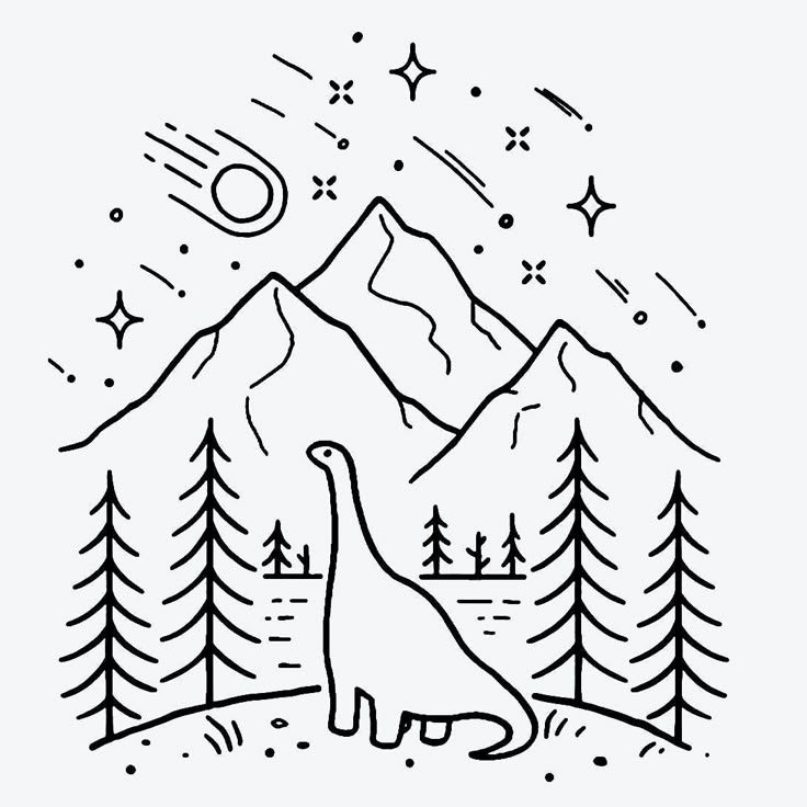 a black and white drawing of a dinosaur in front of mountains with stars, trees and the moon