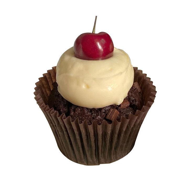 a chocolate cupcake with white frosting and a cherry on top