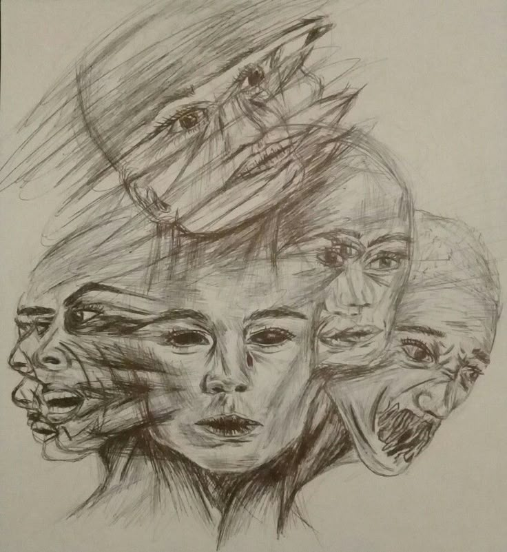 a pencil drawing of people with faces on their heads and hands in the shape of an upside down head