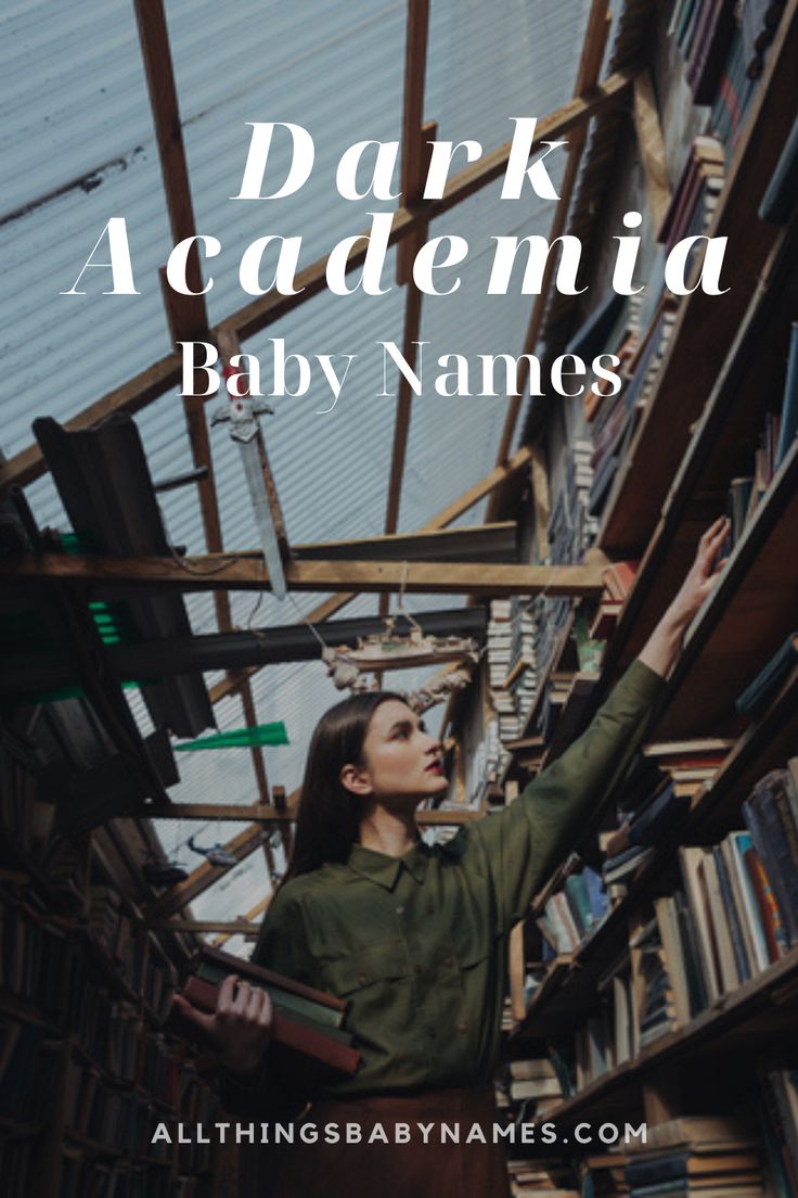 a woman reaching for books in a library with the words park academy baby names on it