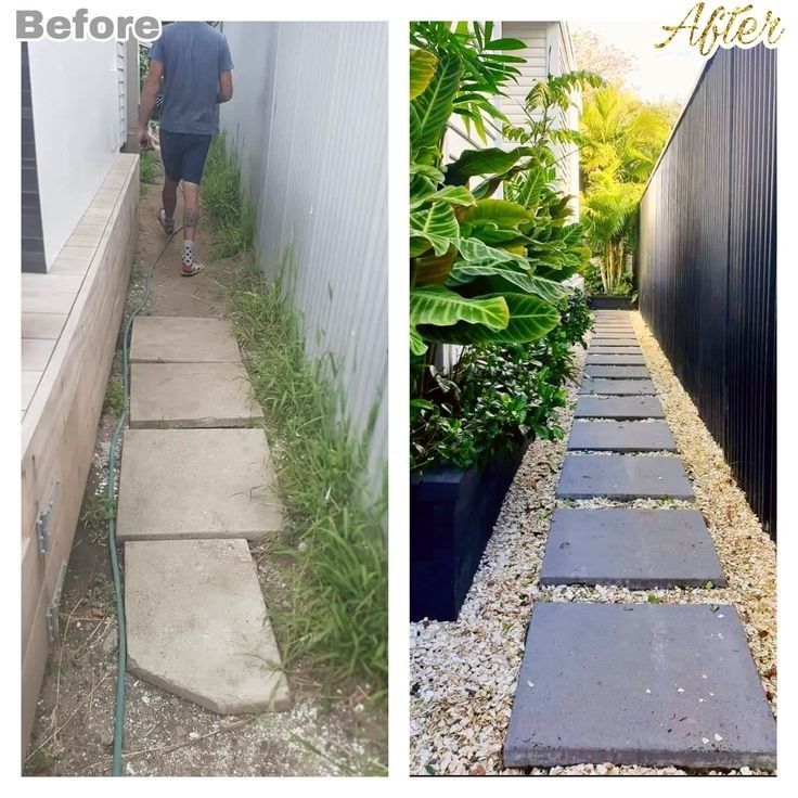 before and after photos of a walkway being laid in front of a house with plants