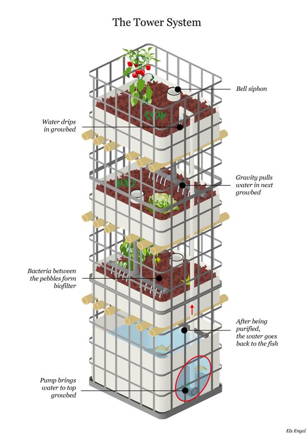 a tall tower with many plants growing in it's sides and labeled parts on each side