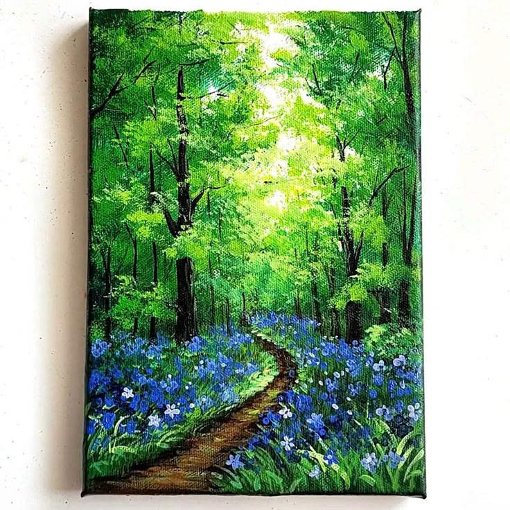 a painting of bluebells and trees on a white wall with a path in the middle