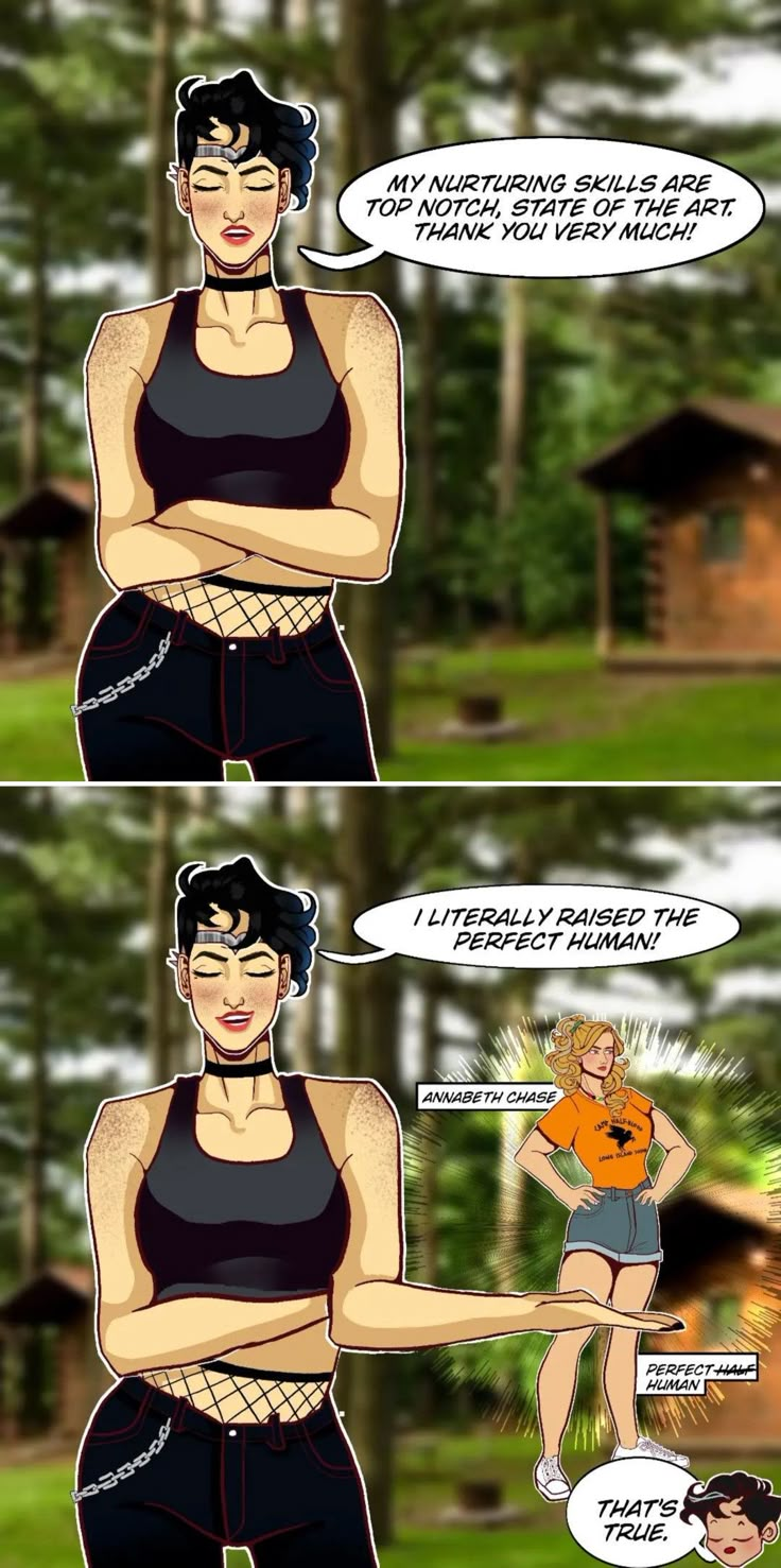 two cartoon comics showing the same woman in different outfits, one with an orange shirt