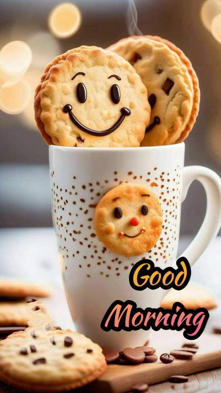 two cookies in a cup with the words good morning written on it and smiling faces