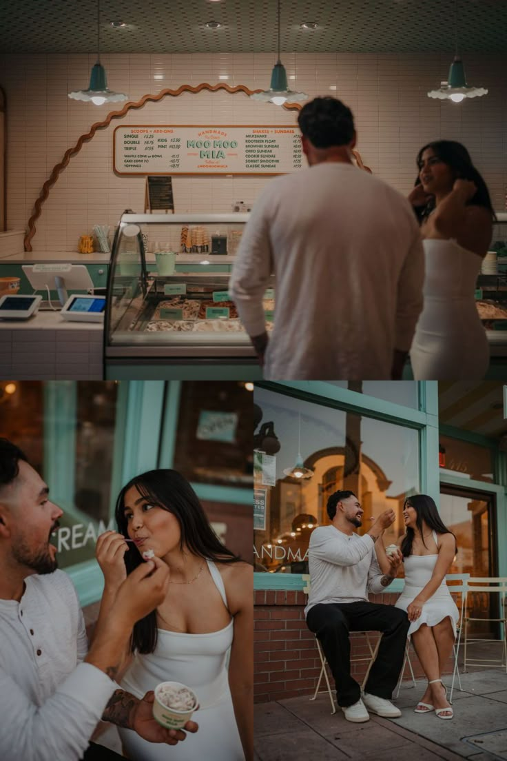 two people eating ice cream and talking on the phone in front of a store with other people