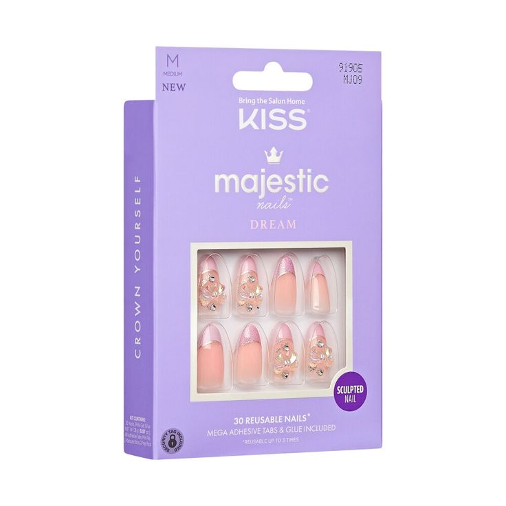 Treat yourself to a high-end manicure with these rewearable, prestigious, jeweled gel nails. These salon quality sculpted nails are reusable up to 3 times by applying included adhesive tabs the 1st two times, then glue on for your final wear. Majestic Nails, Pink French Tips, Blue French Tips, Kiss Products, Sculpted Nails, Pink Gel Nails, Kiss Nails, Nail Remover, Pink French