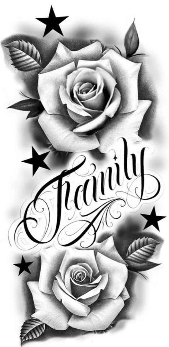 a black and white tattoo design with two roses on it's side, the words tran