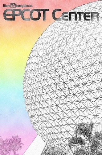 the epcot center at disney world is shown in black and white on a rainbow colored background