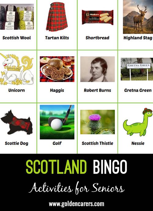 the scotland bingo game is shown with pictures and words to match it's theme