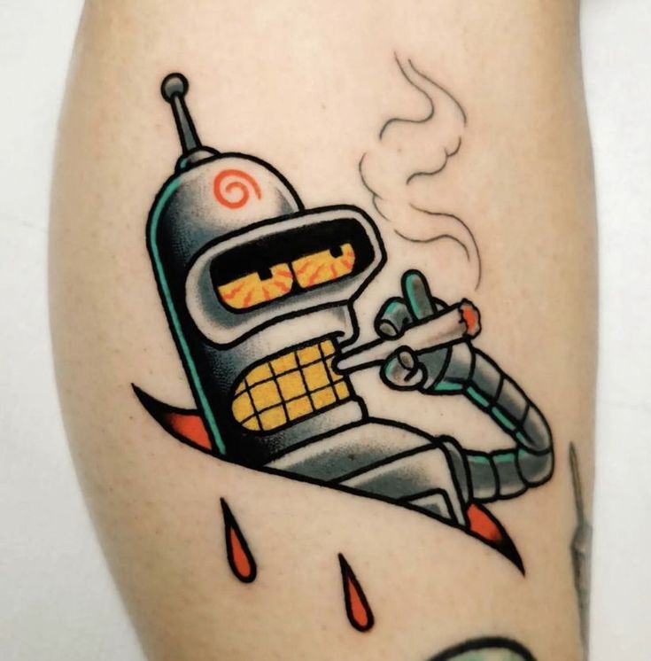 Old School Cartoon Tattoo, Bender Tattoo Futurama, Futurama Tattoo Ideas, 90s Cartoon Tattoo Designs, Bender Tattoo, Futurama Tattoo, Bender Futurama, Futurama Bender, Simpsons Tattoo