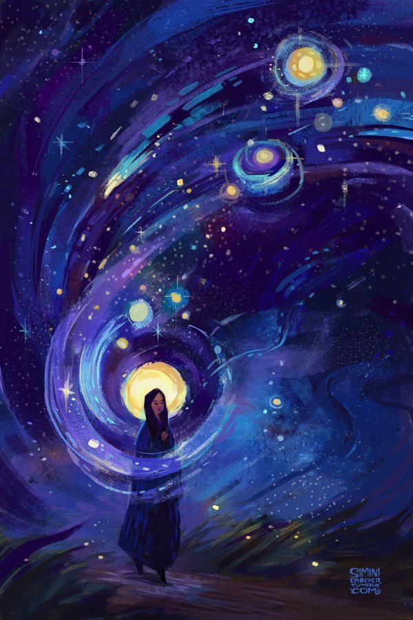 a painting of a person standing in front of a night sky with stars and planets