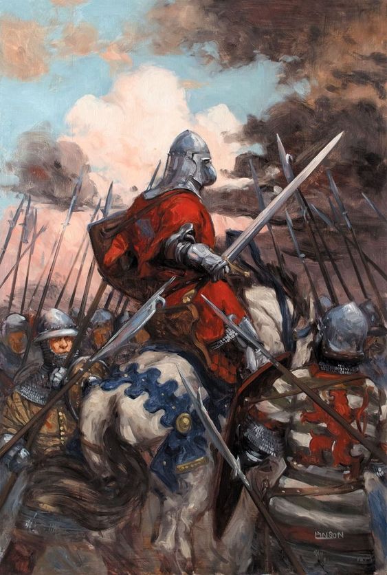 a painting of two men in armor on horses