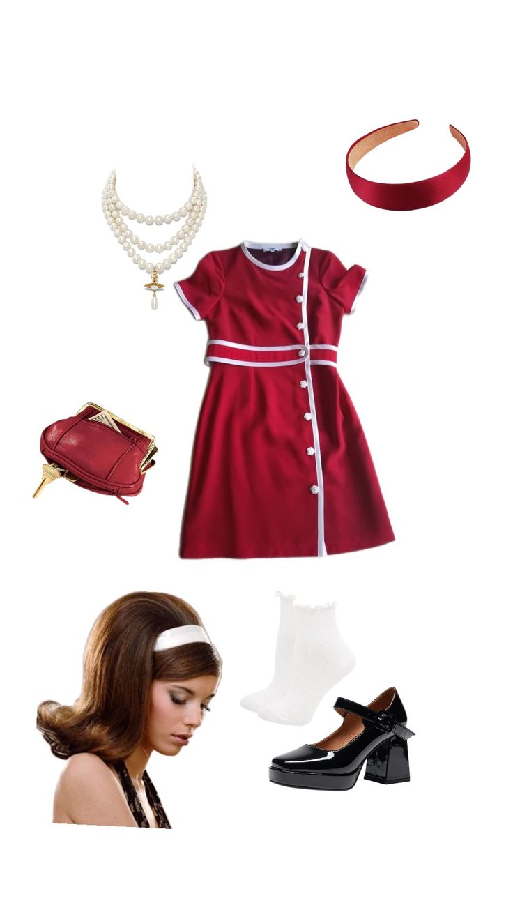 60s outfit#60s #dress #red #cute #outfit #60saesthetic 60s Fancy Dress Ideas, 60s Hoco Dress, Aesthetic 60s Outfit, 60s Girl Outfits, 60s School Outfits, Casual 60s Outfits, Easy 60s Outfit, 60s Womens Outfits, 60 Style 1960s