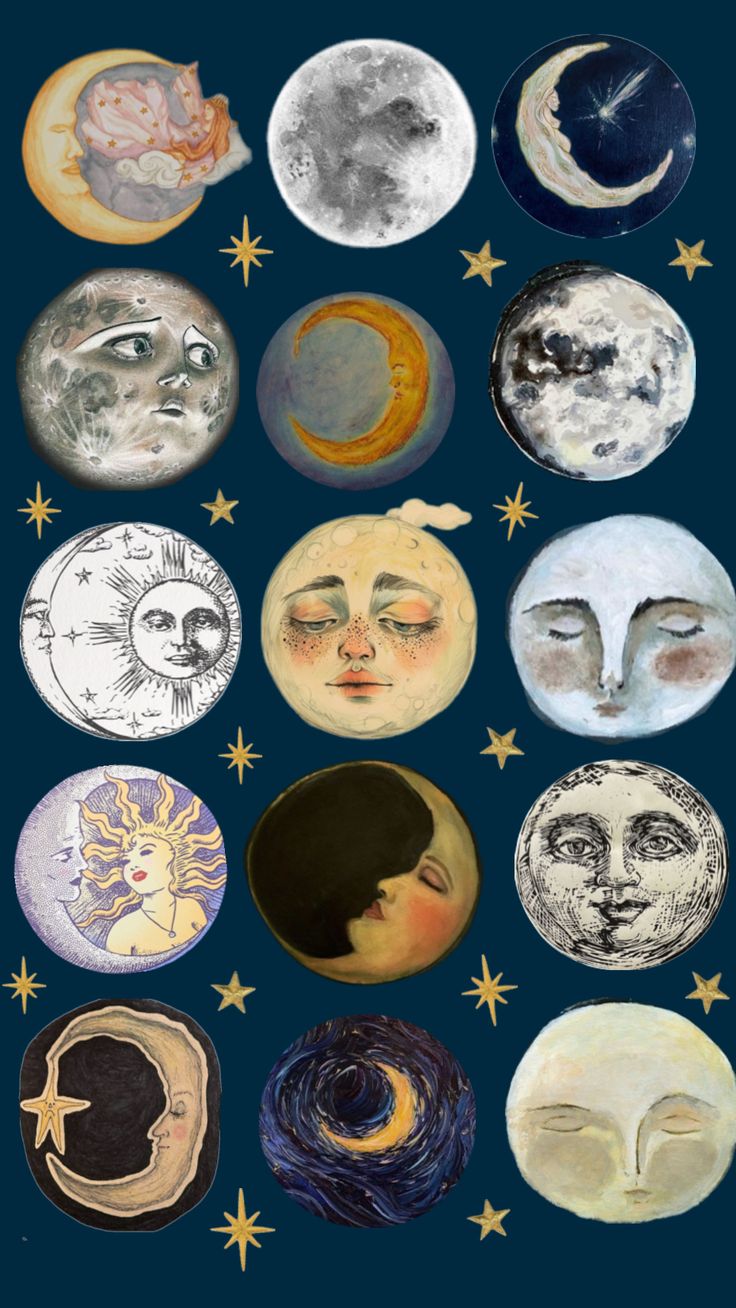 the moon and stars are depicted in this drawing, which depicts different phases of the moon