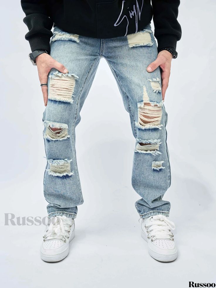 Russoo - Mens Spring/Summer Casual Denim Pants: Slim Fit, Distressed Solid Color, Street Style Ripped Jeans Style Ripped Jeans, Slim Fit Ripped Jeans, Denim Pants Mens, Casual Denim Pants, Streetwear Men, Distressed Denim Jeans, Mens Spring, Casual Street Style, Color Street